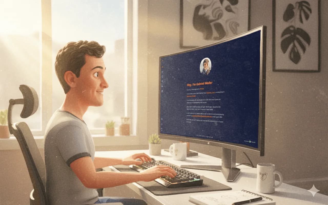 Uma ilustração de mim trabalhando neste mesmo site na minha mesa de computador em um quarto iluminado pelo sol.